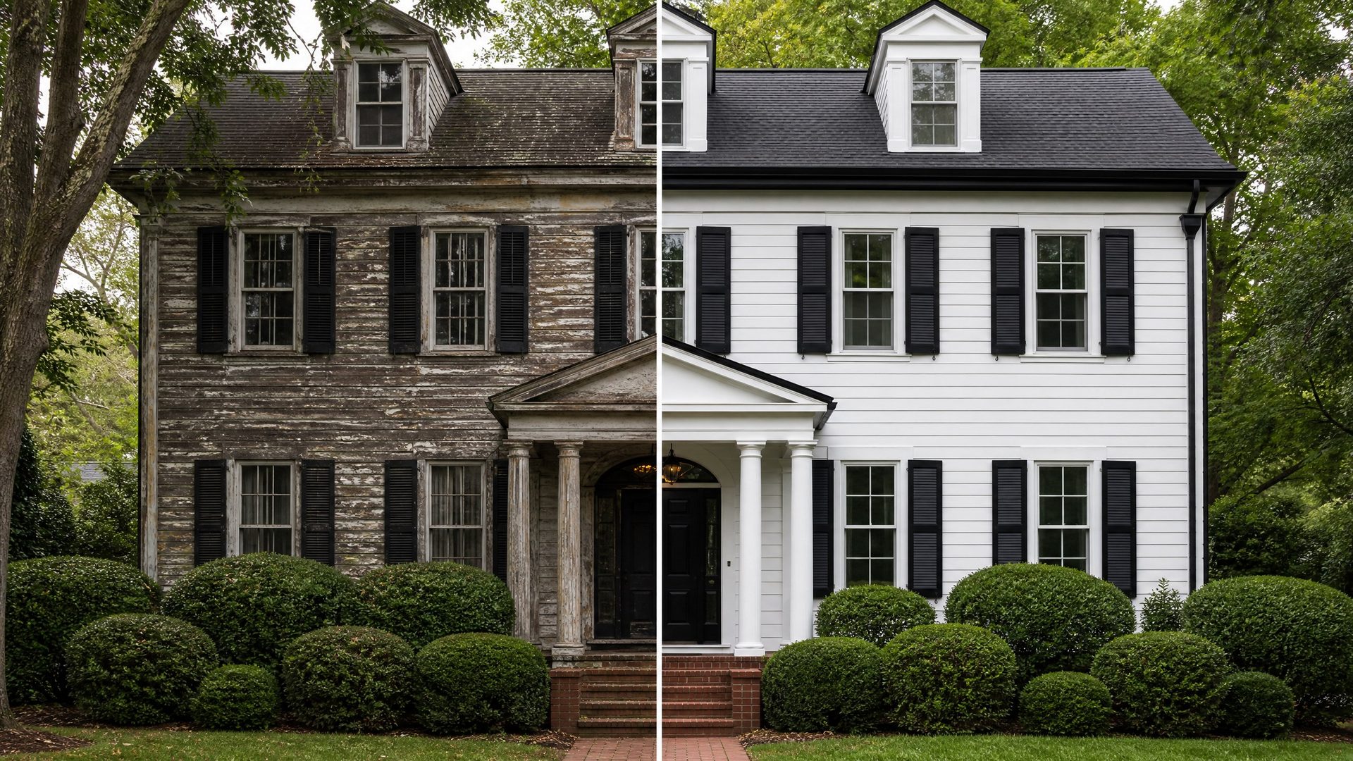 Before and after exterior house painting transformation on a two-story home
