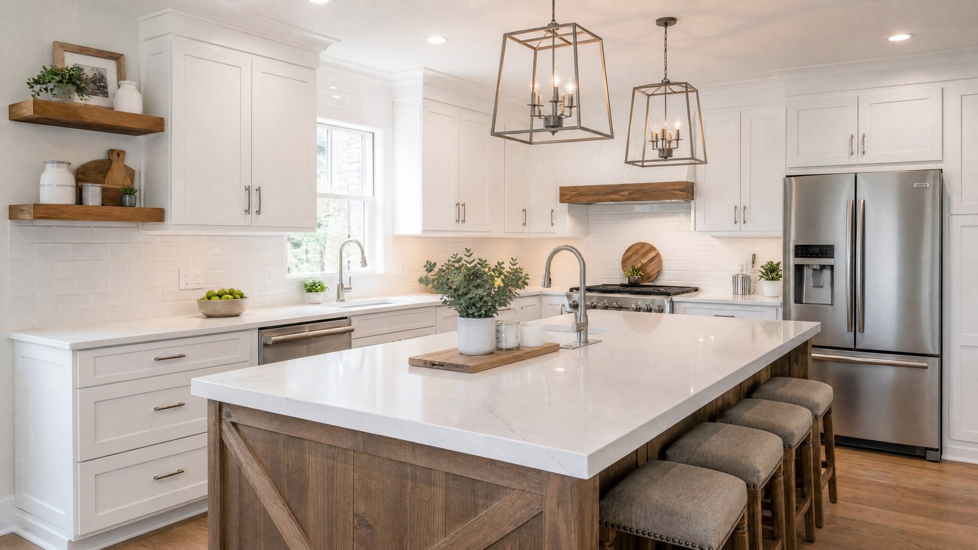 Bright white refinished kitchen cabinets in a farmhouse-style kitchen