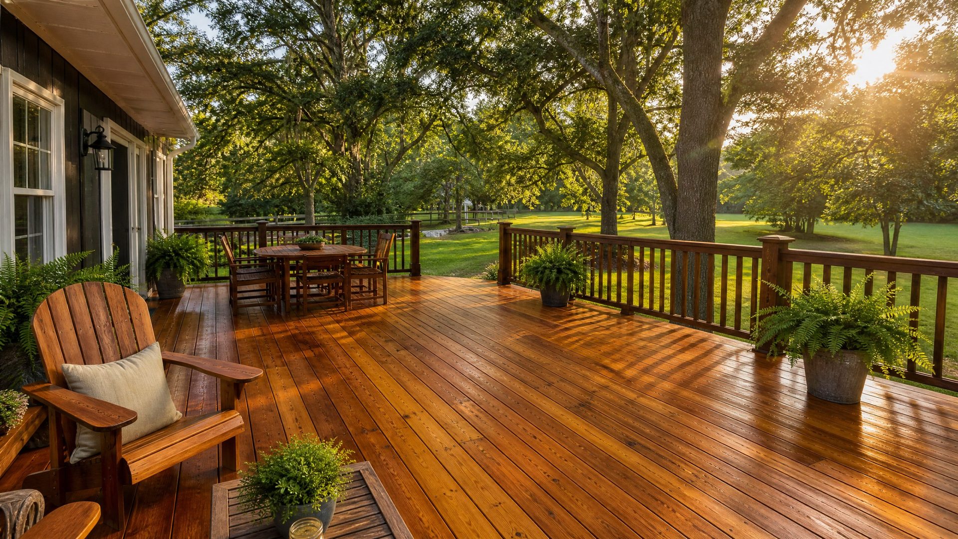Richly stained and sealed backyard wood deck glowing in evening light