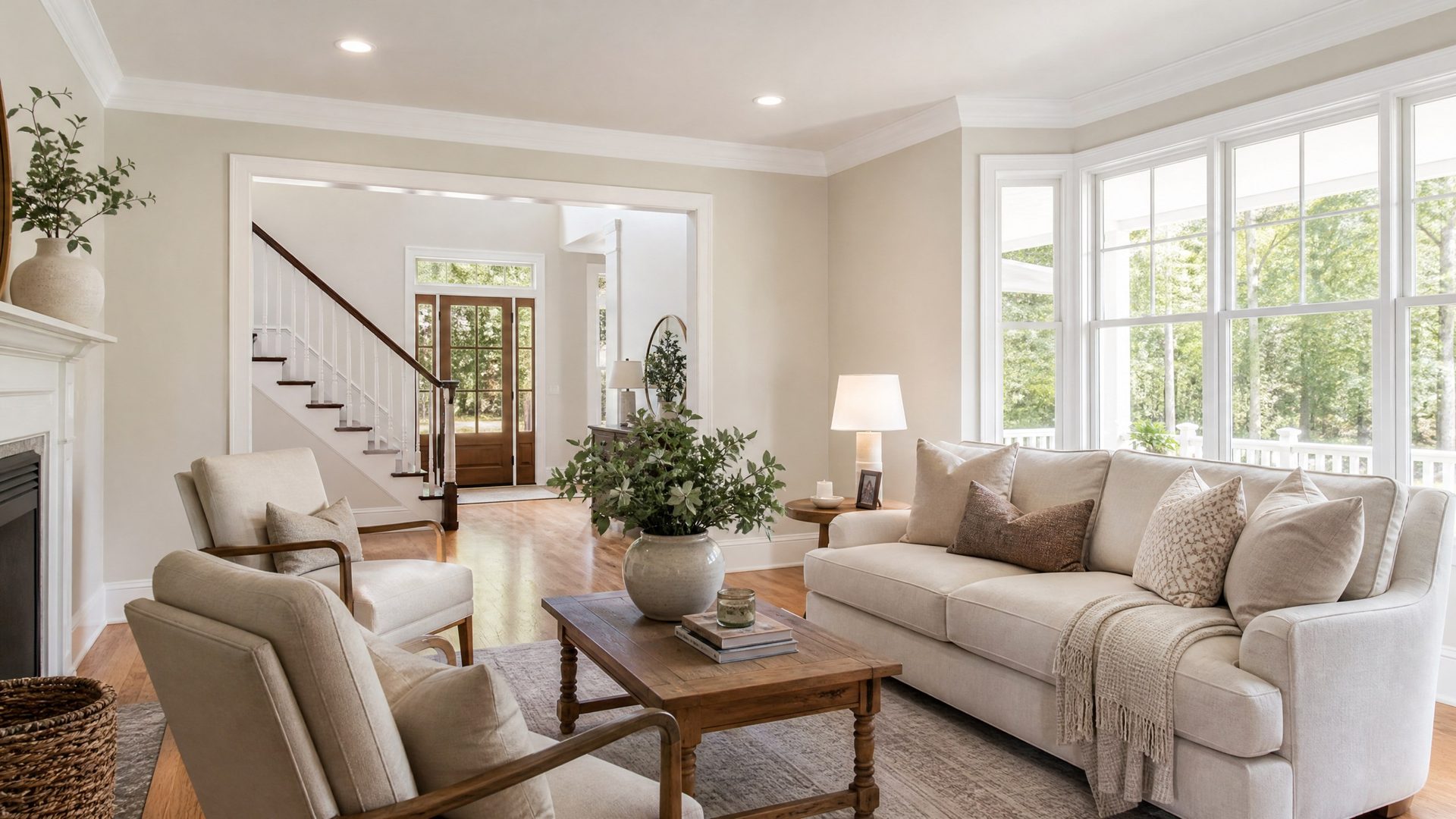 Freshly painted living room interior with crisp trim in a Columbus MS home